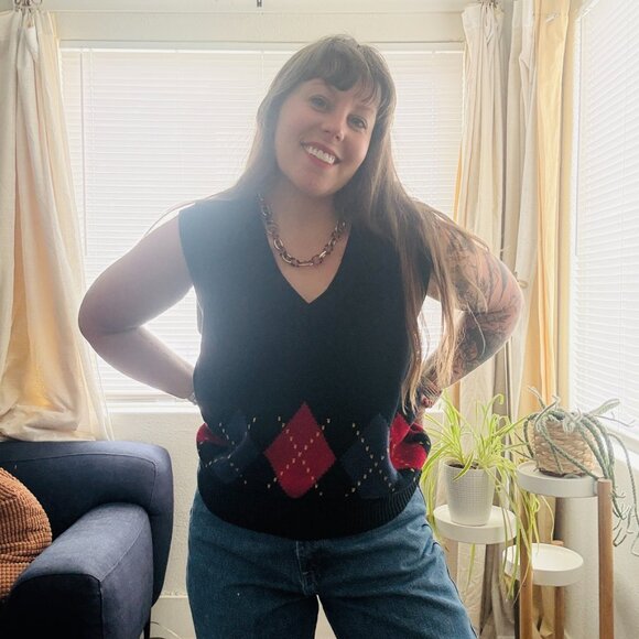 Vintage Sweater Vest 90s Lizsport Navy Argyle Sleeveless | Petite S/M - Picture 4 of 10